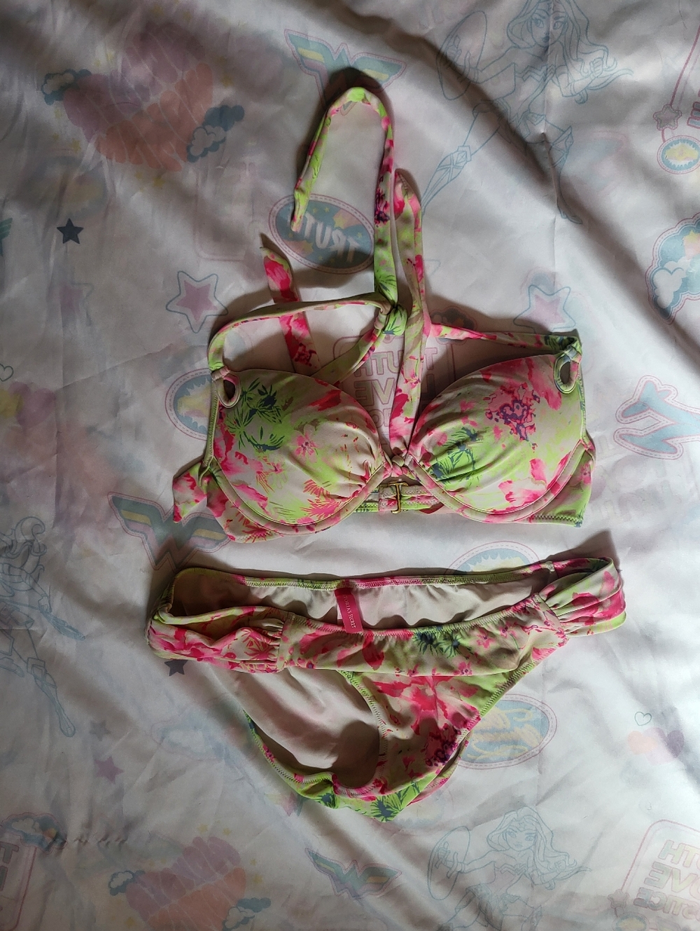 Victoria's Secret Bright Floral Bikini Neon Lime & Hot Pink 32B Top, M Bottom